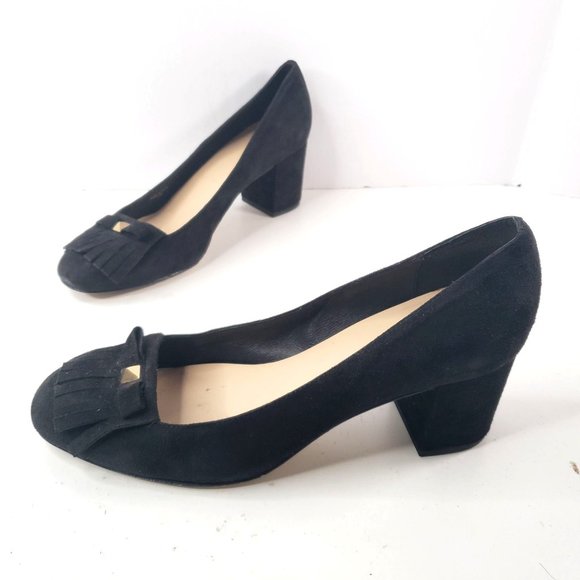 kate spade Shoes - Kate Spade Kiltie Block Heel Pumps Sz 10 Black Suede Slip On Dressy Bow Heels